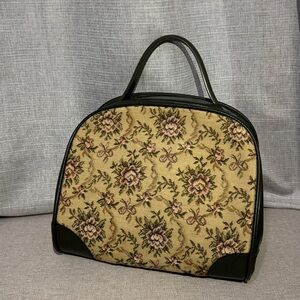 Vintage Avon “Tote Along” Bag-Dark Green PVC & Cloth Floral Tapestry-Zipper-EUC